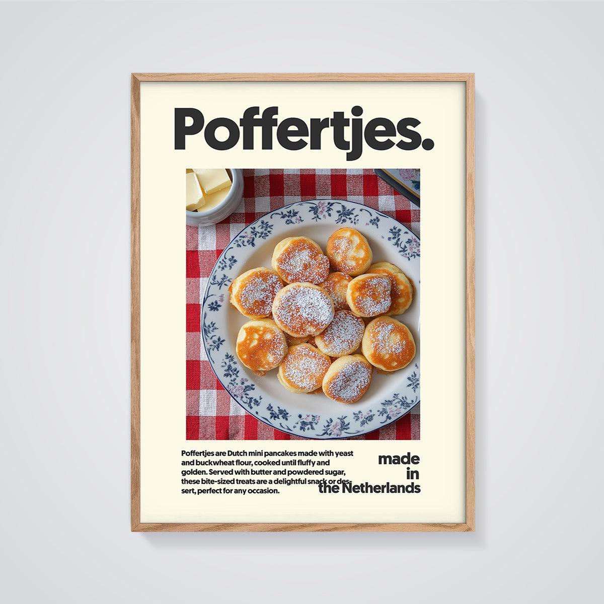 Poffertjes Dutch Mini Pancakes Print framed in oak on a grey background