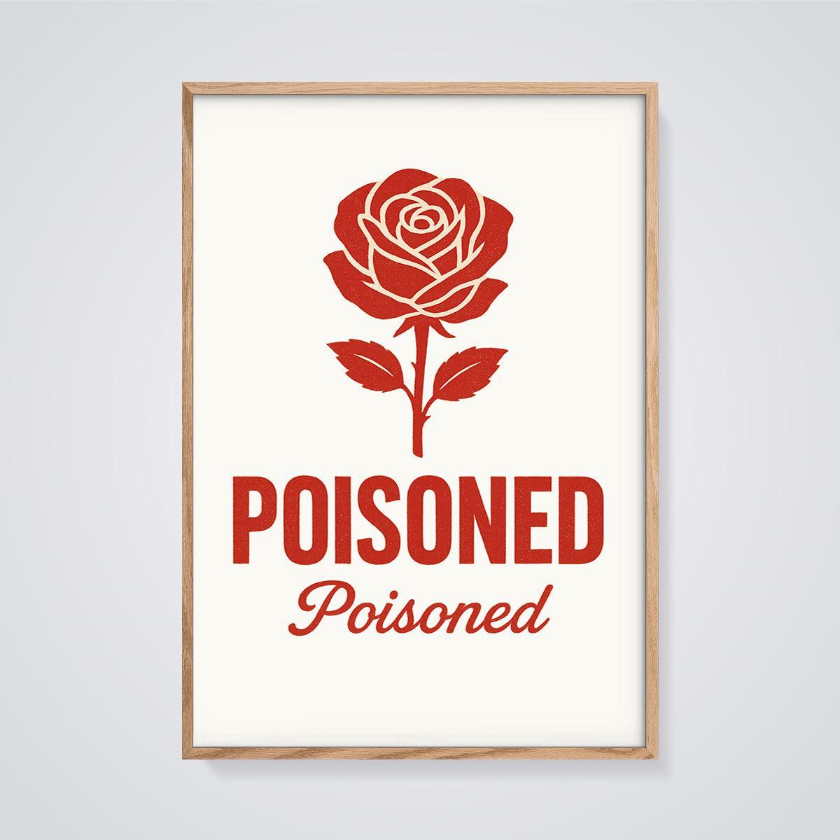 Poisoned Rose Print framed in oak on a grey background