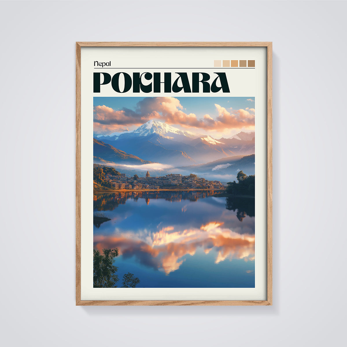 Pokhara Lake Reflection Print framed in oak on a grey background