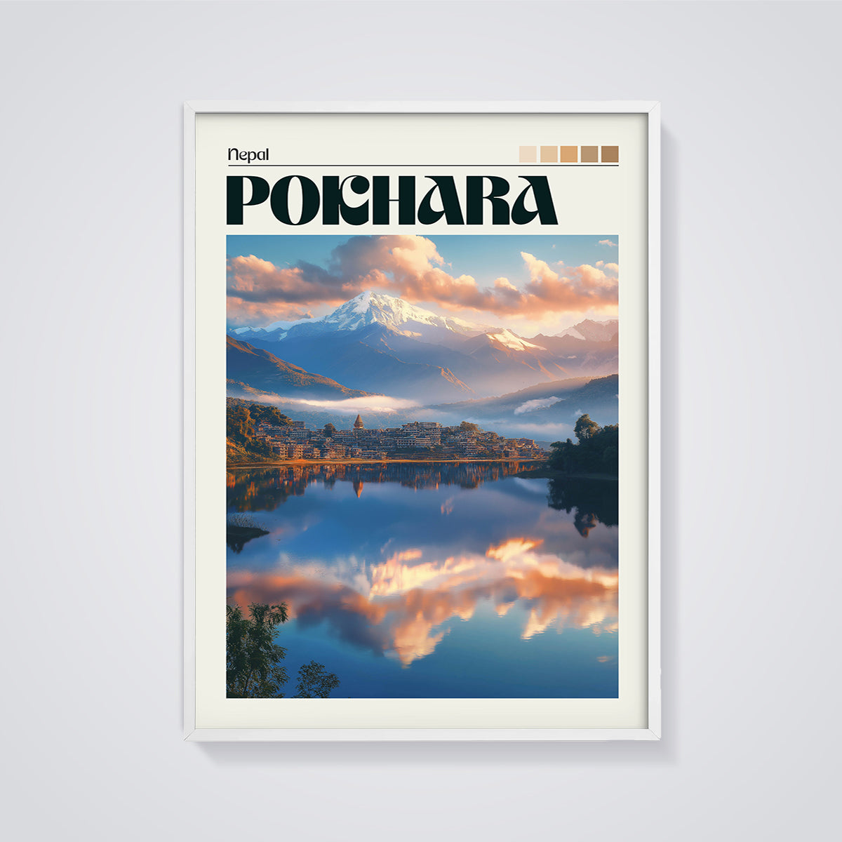 Pokhara Lake Reflection Print framed in white on a grey background