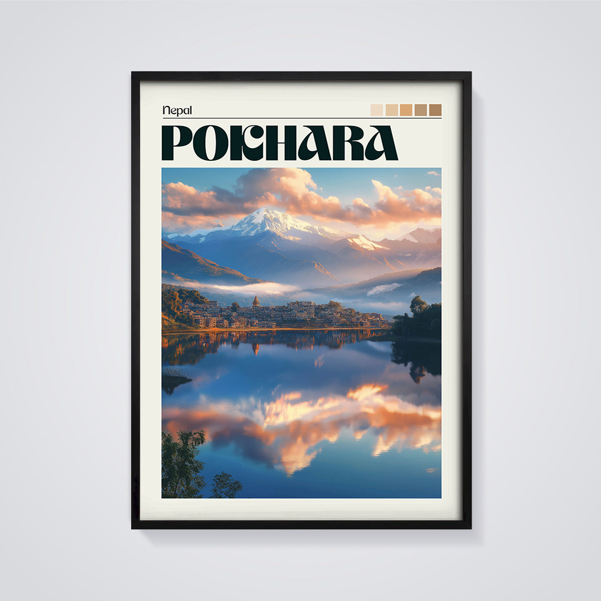 Pokhara Lake Reflection Print framed in black on a grey background