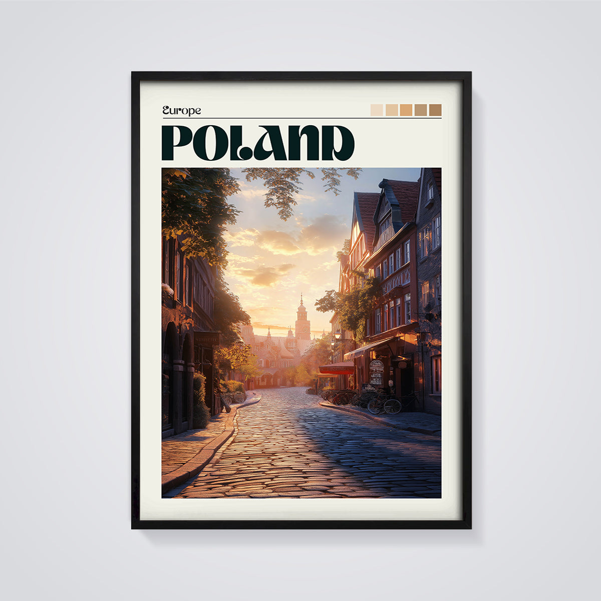 Poland Cobblestone Sunset Print framed in black on a grey background