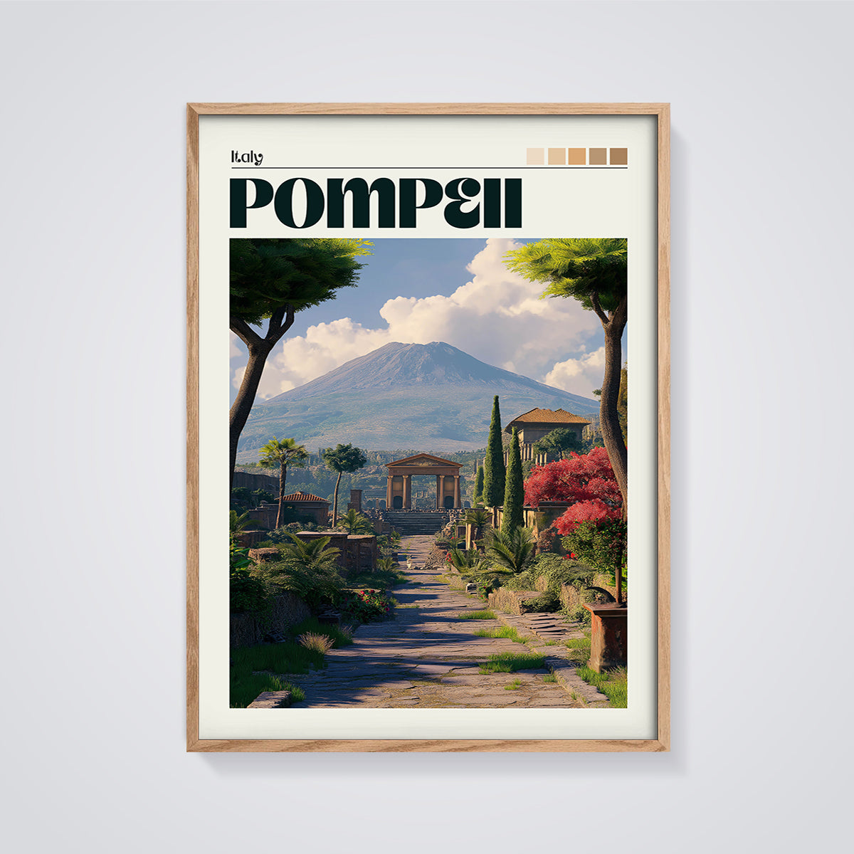 Pompeii Vesuvius Landscape Print framed in oak on a grey background