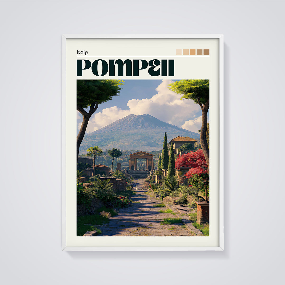 Pompeii Vesuvius Landscape Print framed in white on a grey background