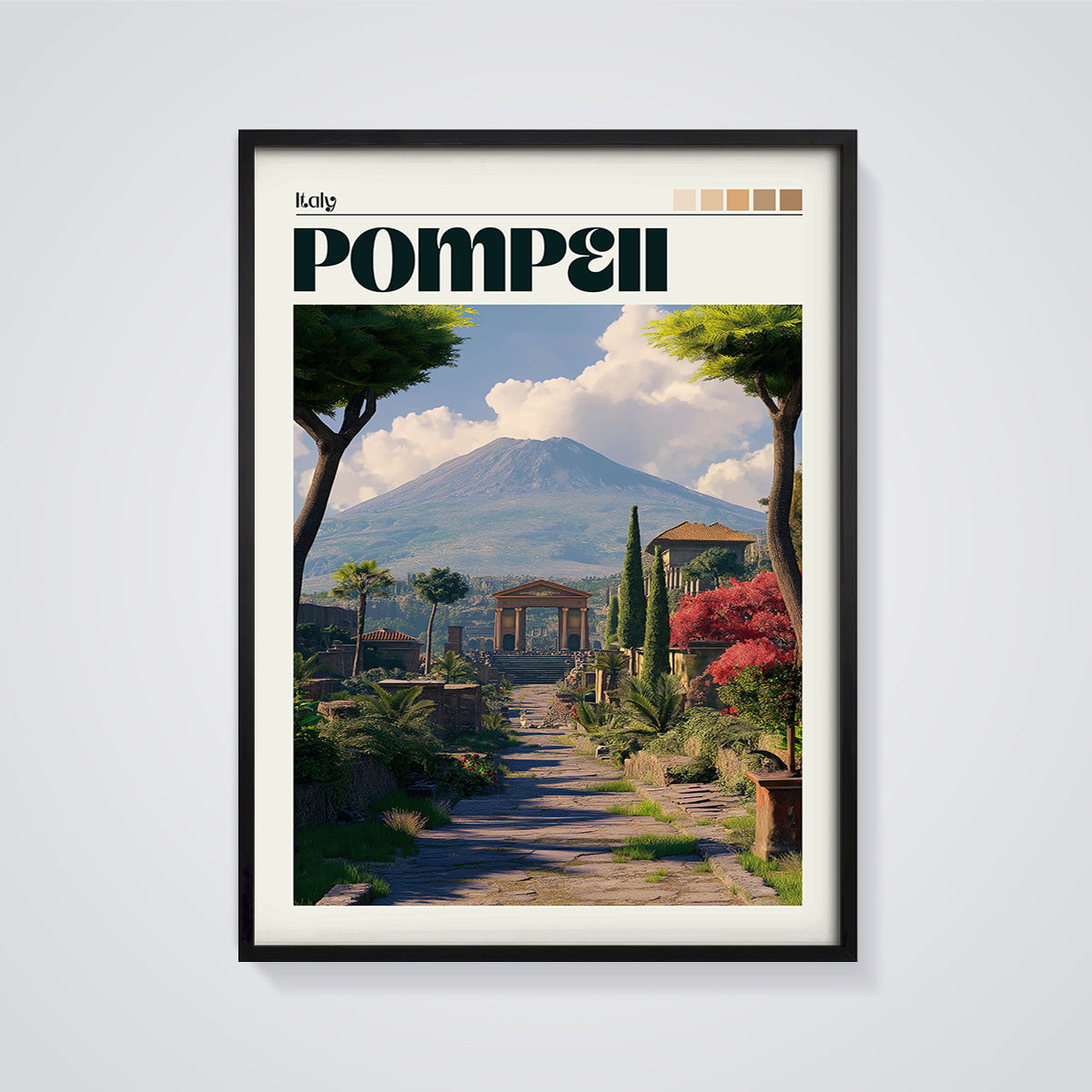 Pompeii Vesuvius Landscape Print framed in black on a grey background