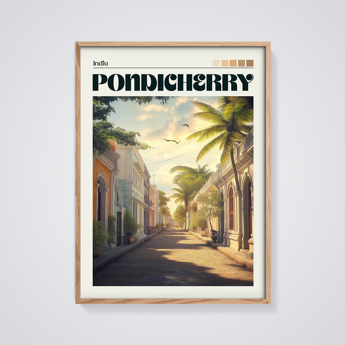Pondicherry Street View Print framed in oak on a grey background