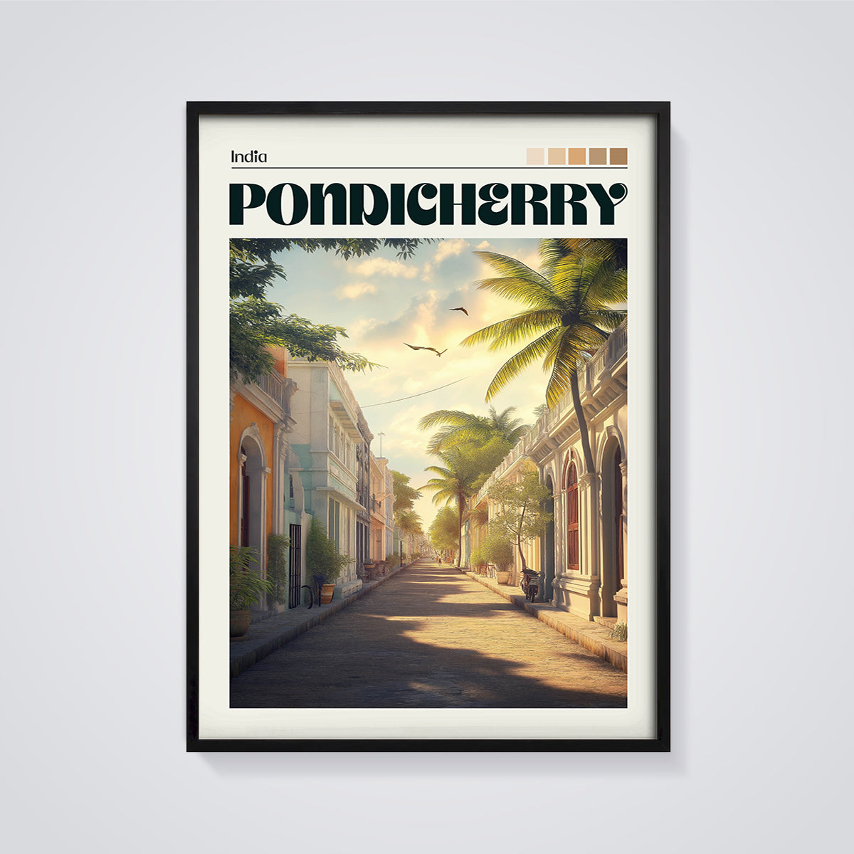 Pondicherry Street View Print framed in black on a grey background