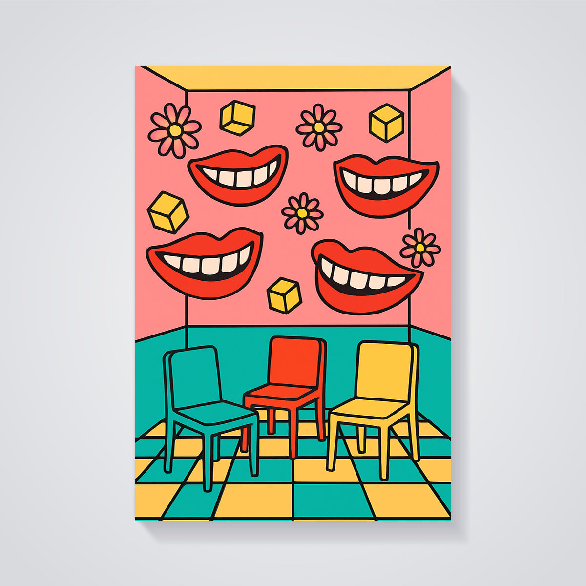 Pop Art Smiling Lips Print unframed on a grey background