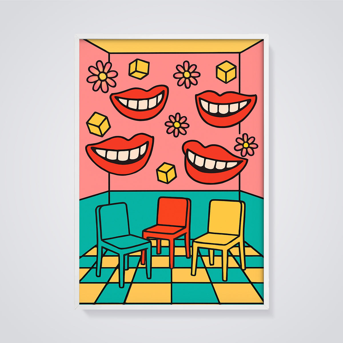 Pop Art Smiling Lips Print framed in white on a grey background