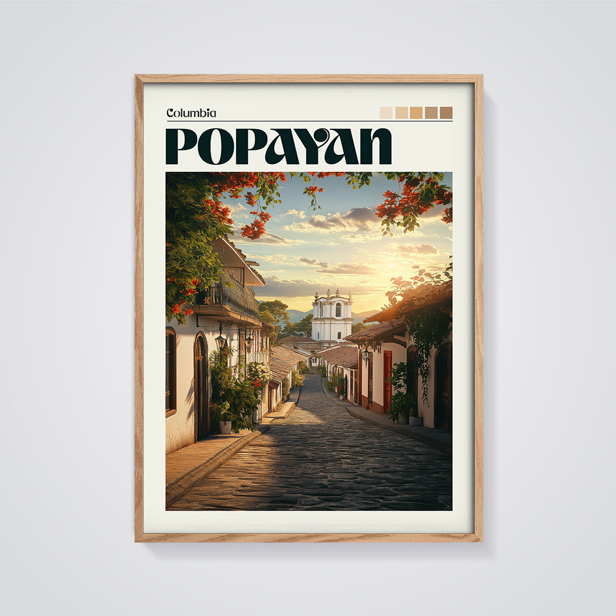 Popayan Street Sunset Print framed in oak on a grey background