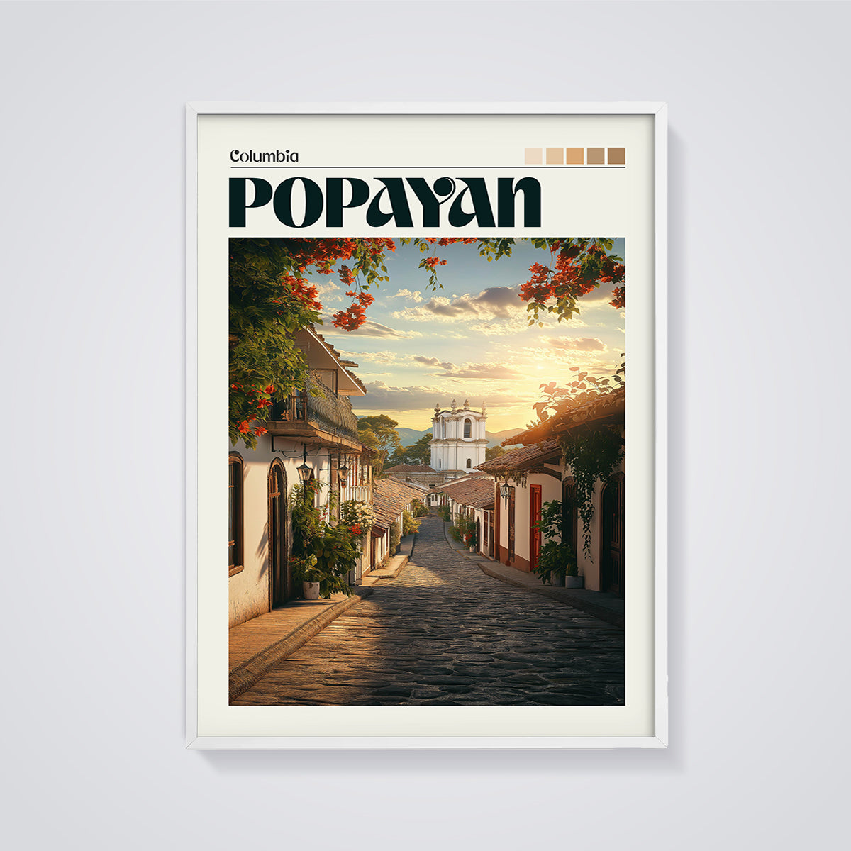 Popayan Street Sunset Print framed in white on a grey background