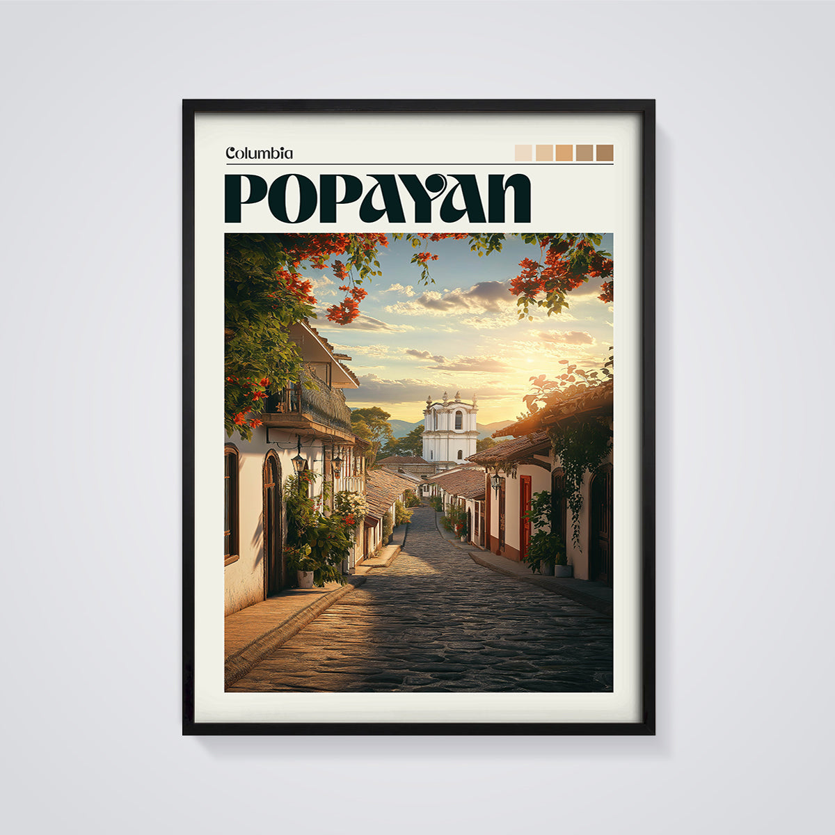 Popayan Street Sunset Print framed in black on a grey background