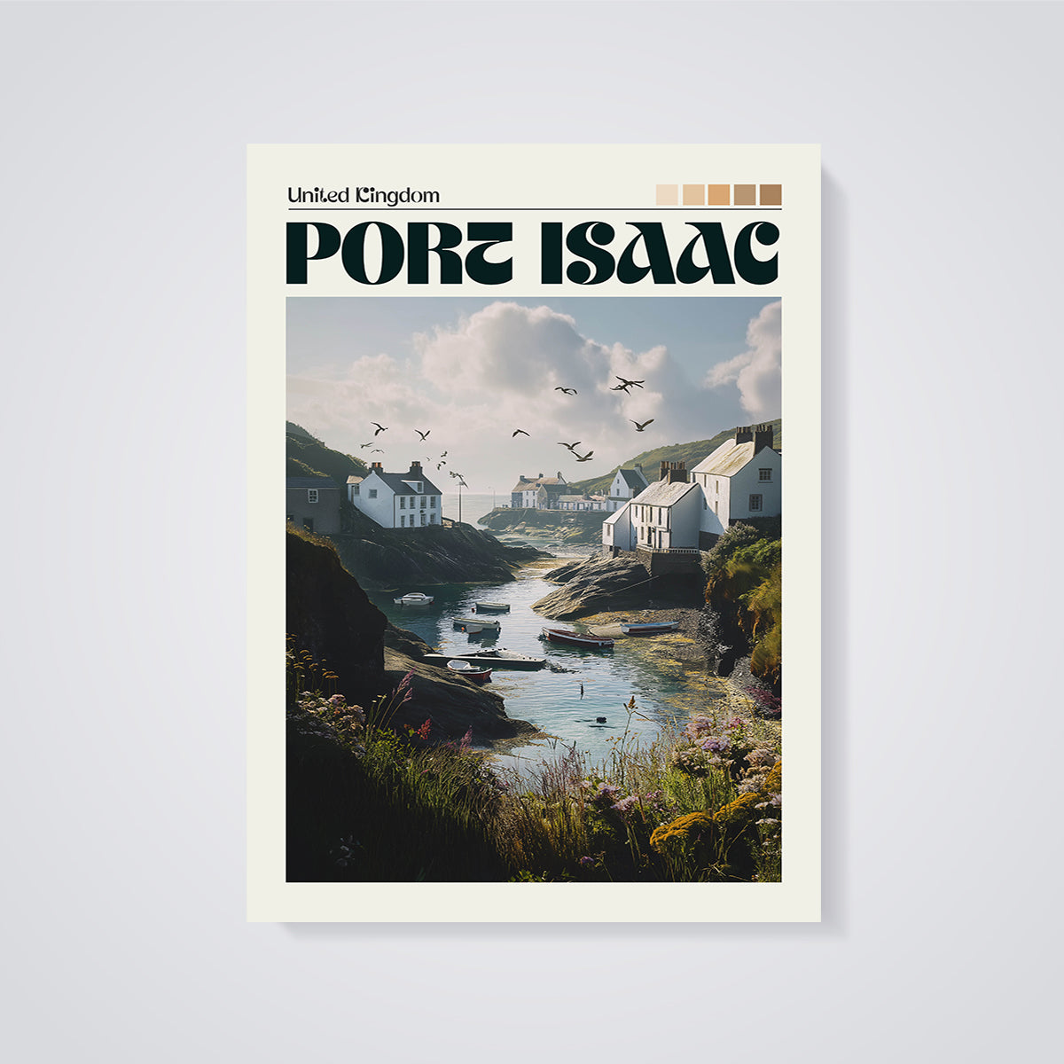 Port Isaac Coastal Village Print unframed on a grey background