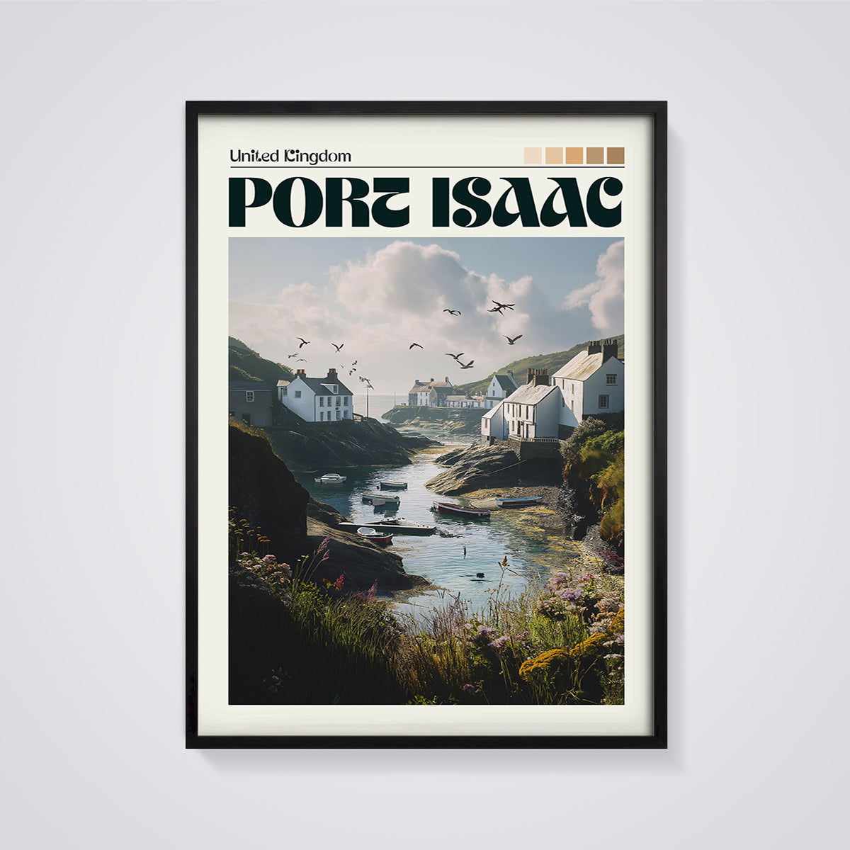 Port Isaac Coastal Village Print framed in black on a grey background