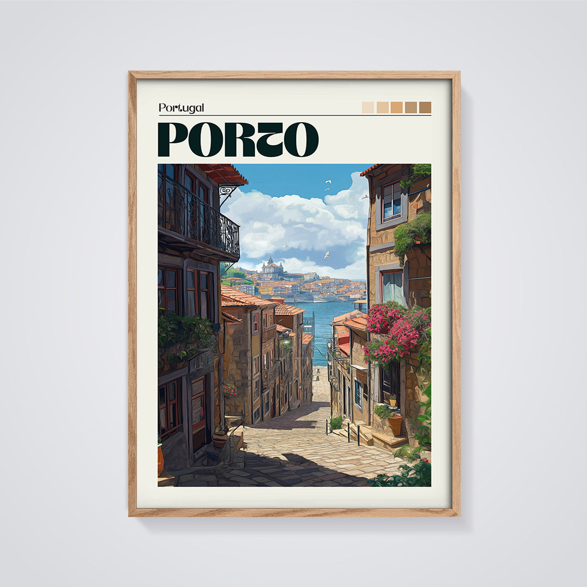 Porto River Street View Print framed in oak on a grey background