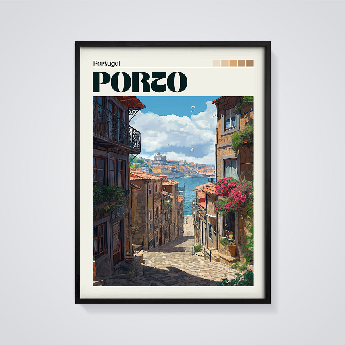 Porto River Street View Print framed in black on a grey background