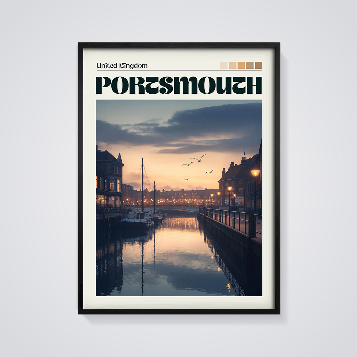 Portsmouth Waterfront Dusk Print framed in black on a grey background