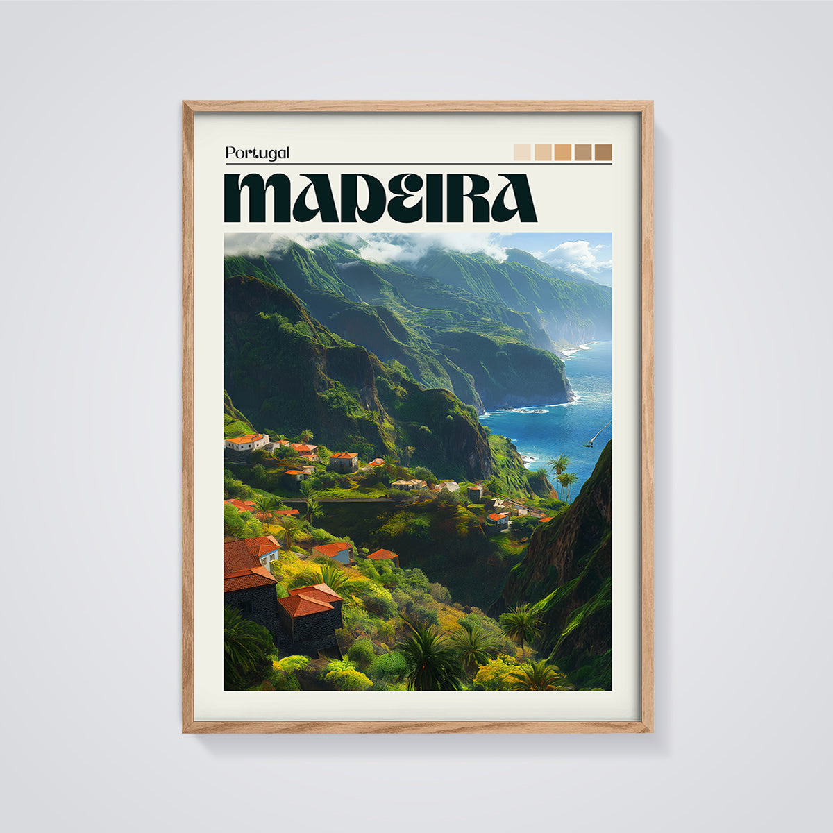 Portugal Madeira Coastal Print framed in oak on a grey background