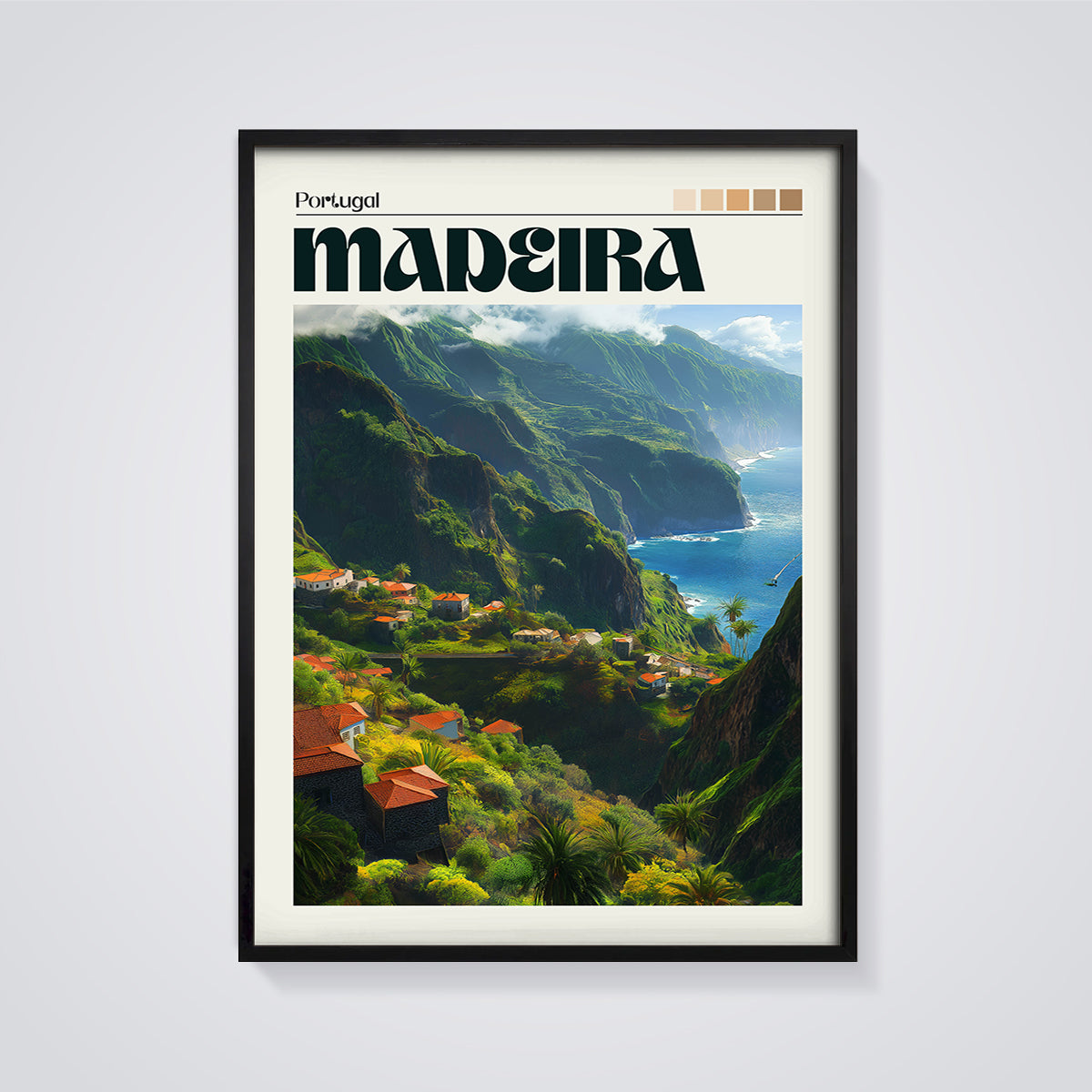 Portugal Madeira Coastal Print framed in black on a grey background