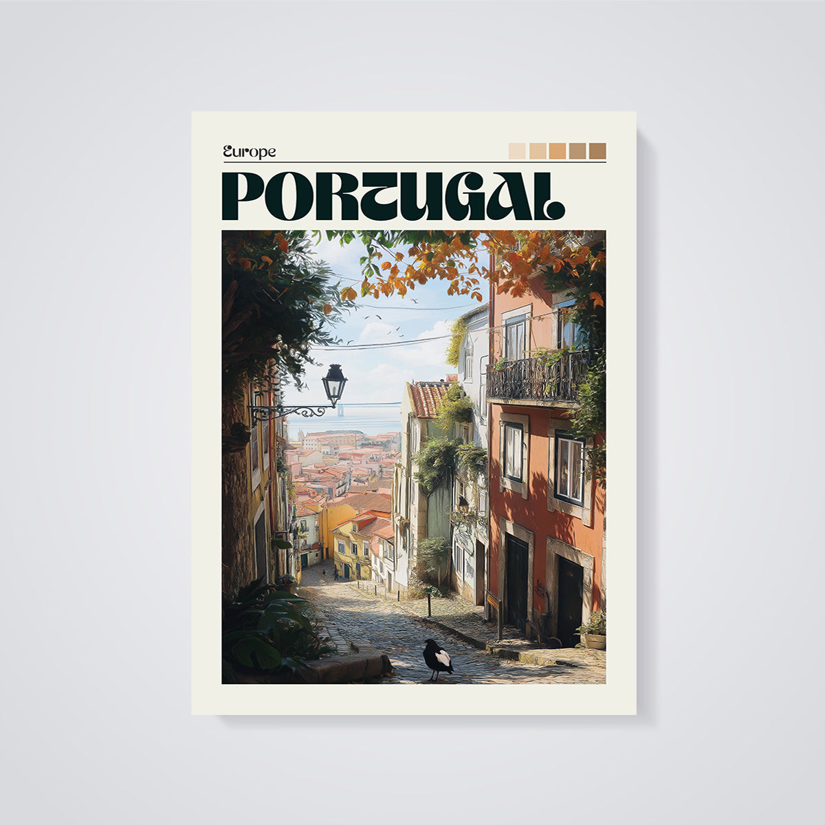 Portugal Old Town Street Print unframed on a grey background