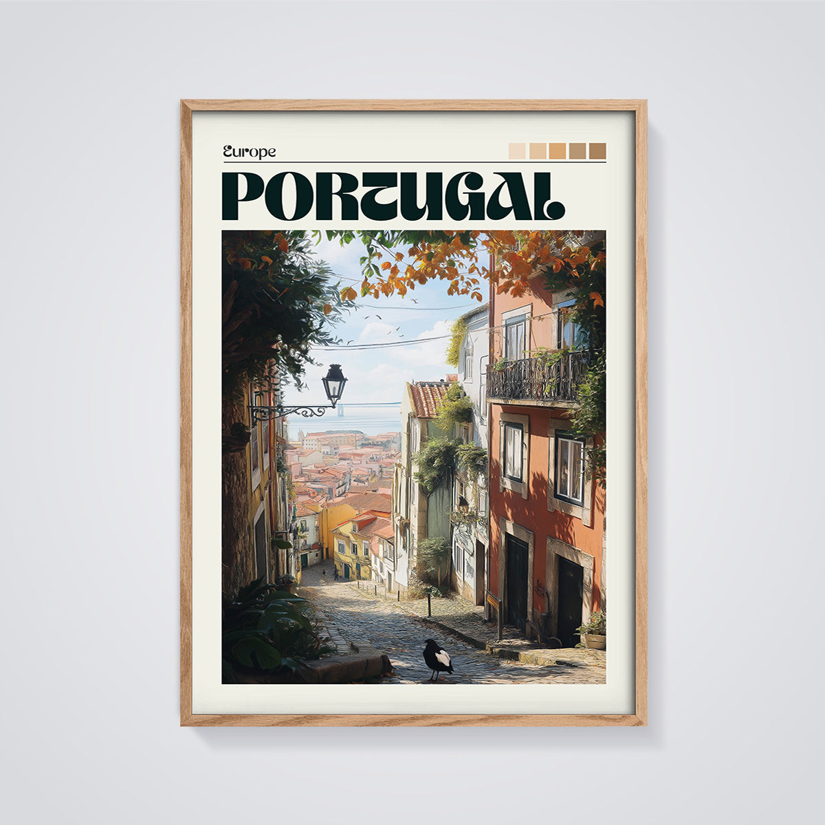 Portugal Old Town Street Print framed in oak on a grey background