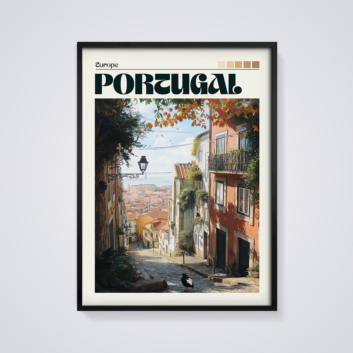 Portugal Old Town Street Print framed in black on a grey background