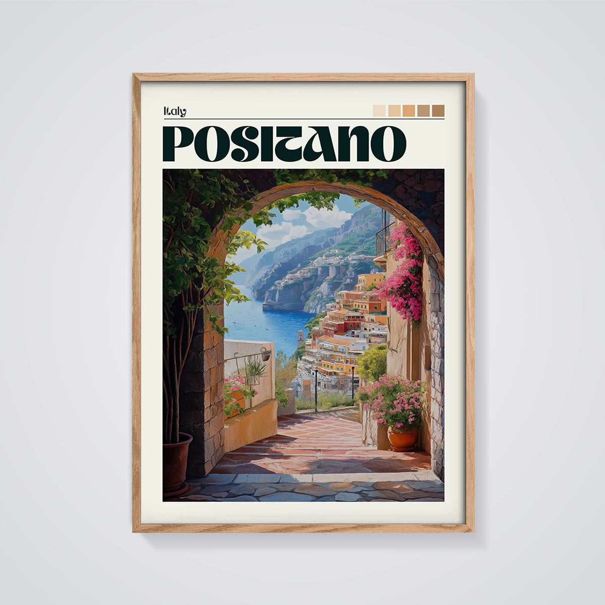 Positano Italy Archway Print framed in oak on a grey background