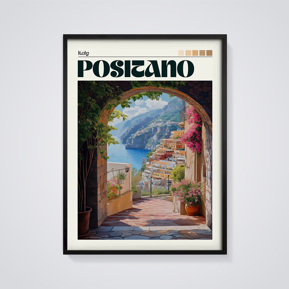 Positano Italy Archway Print framed in black on a grey background