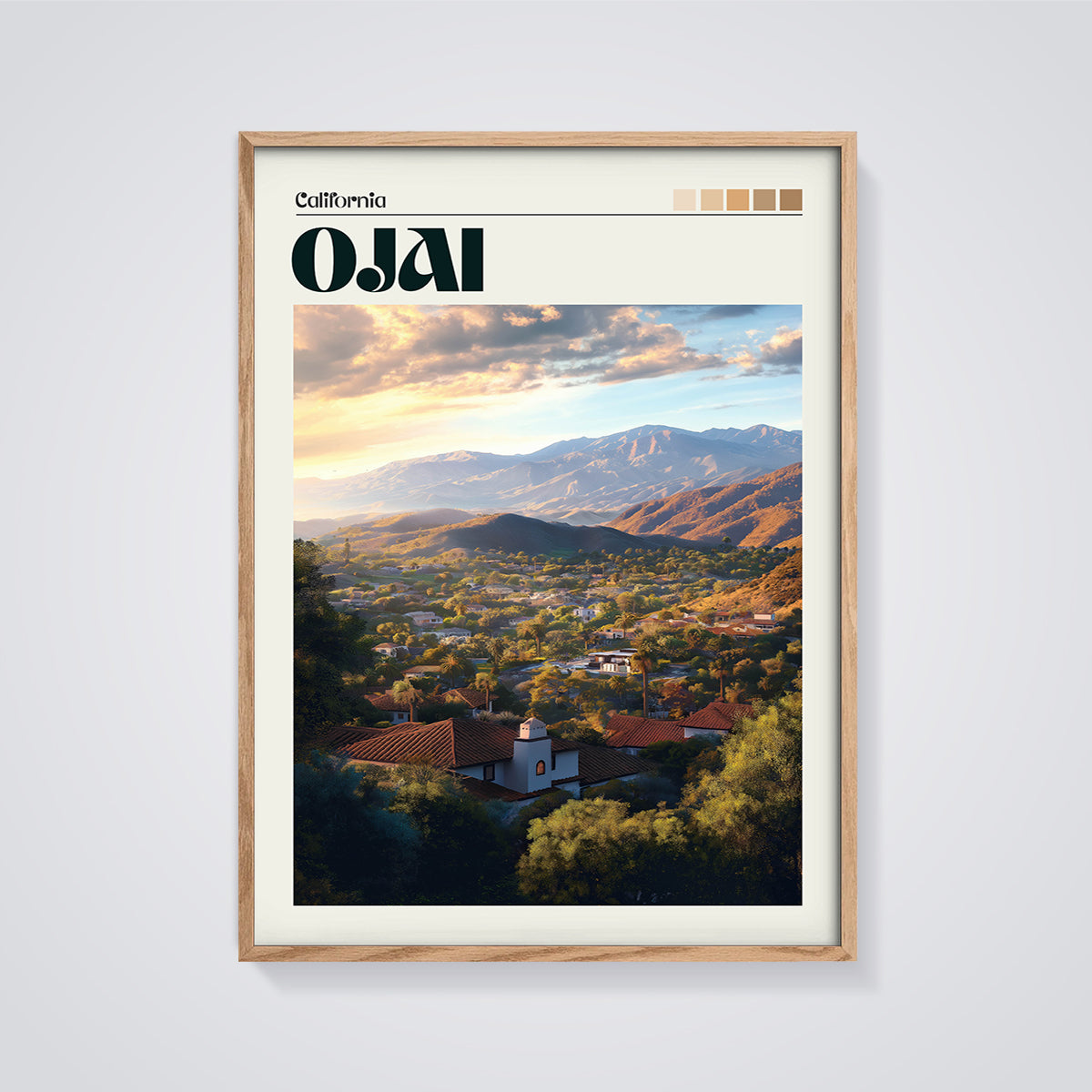 Poster framed in oak on a grey background