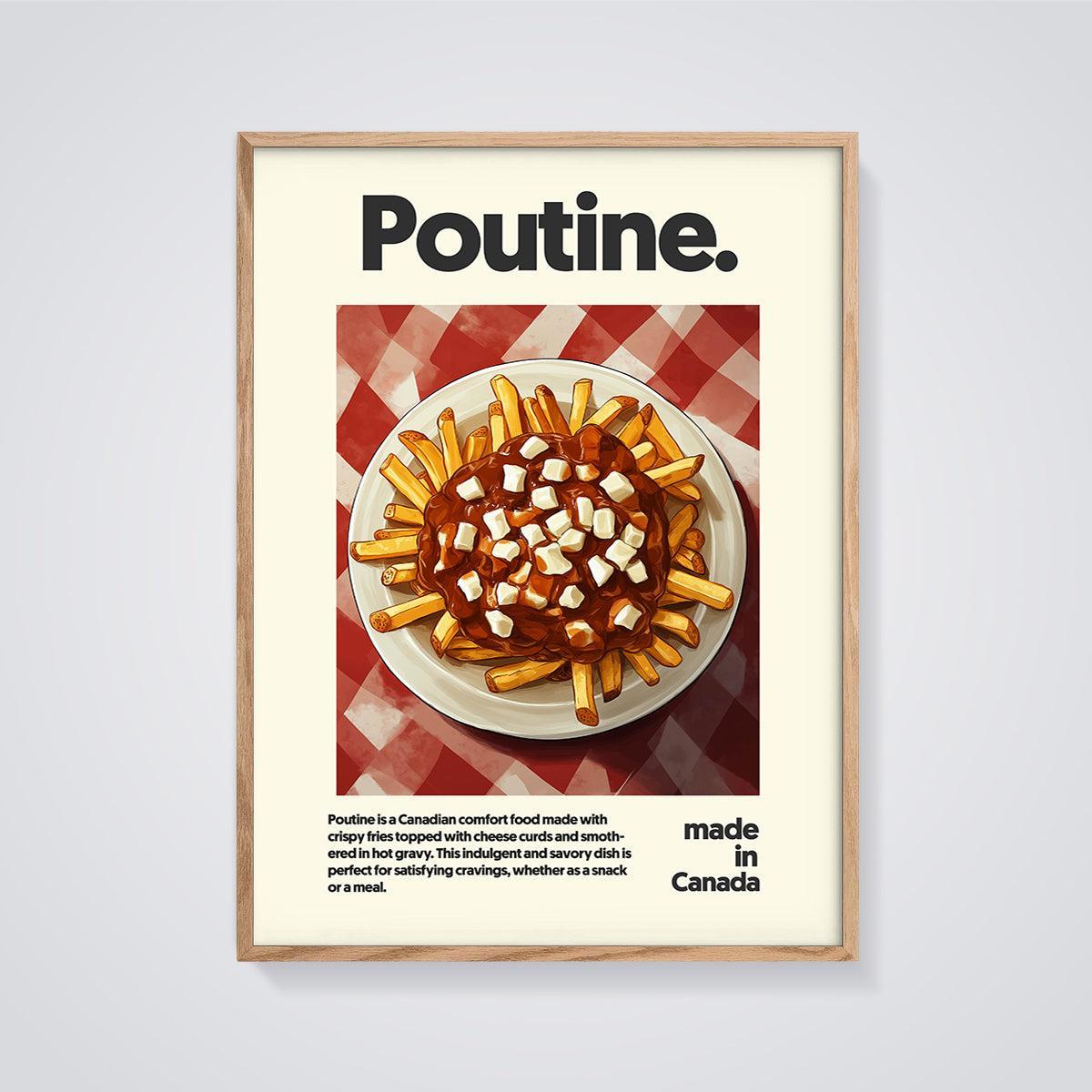 Poutine Dish Print framed in oak on a grey background