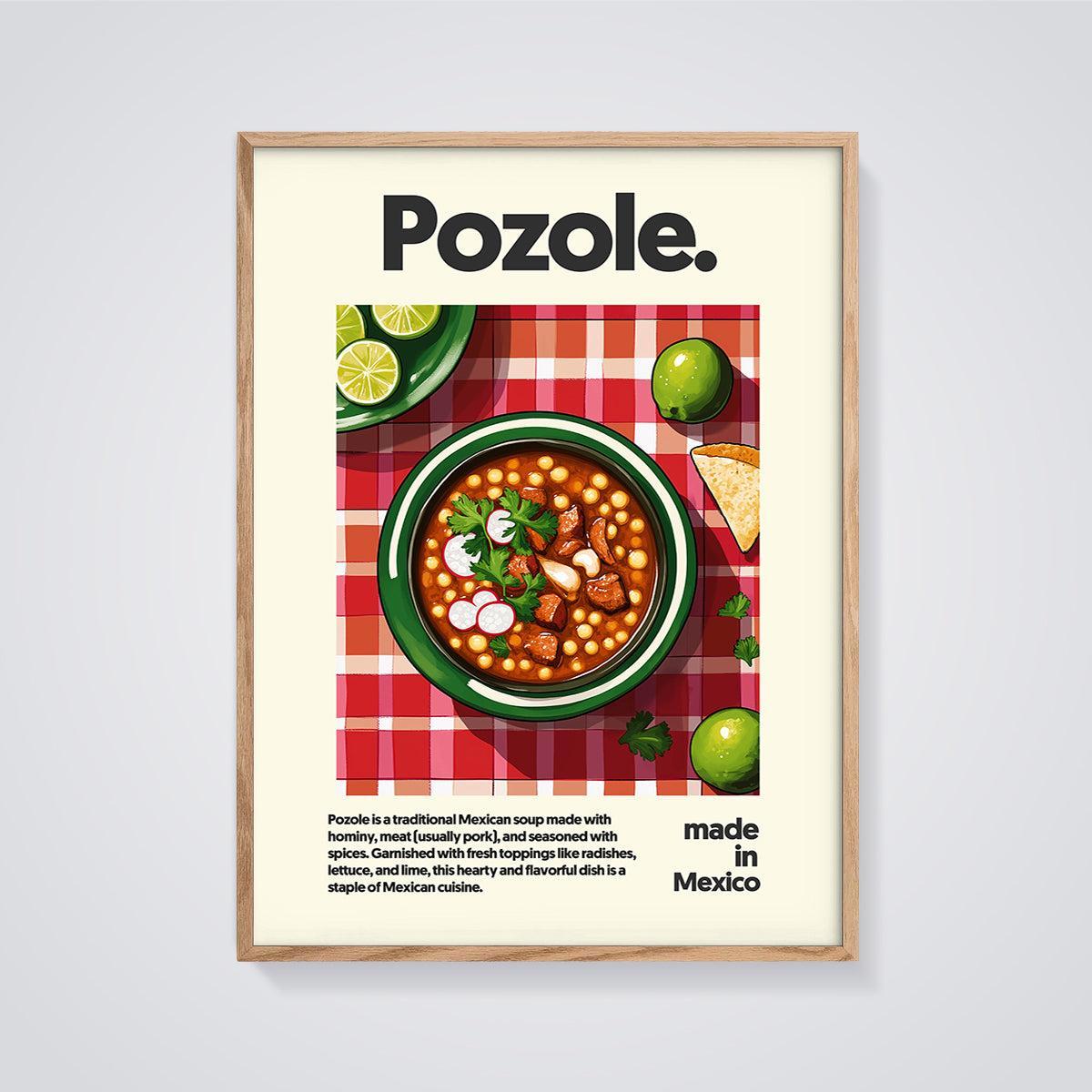 Pozole Soup Art Print framed in oak on a grey background