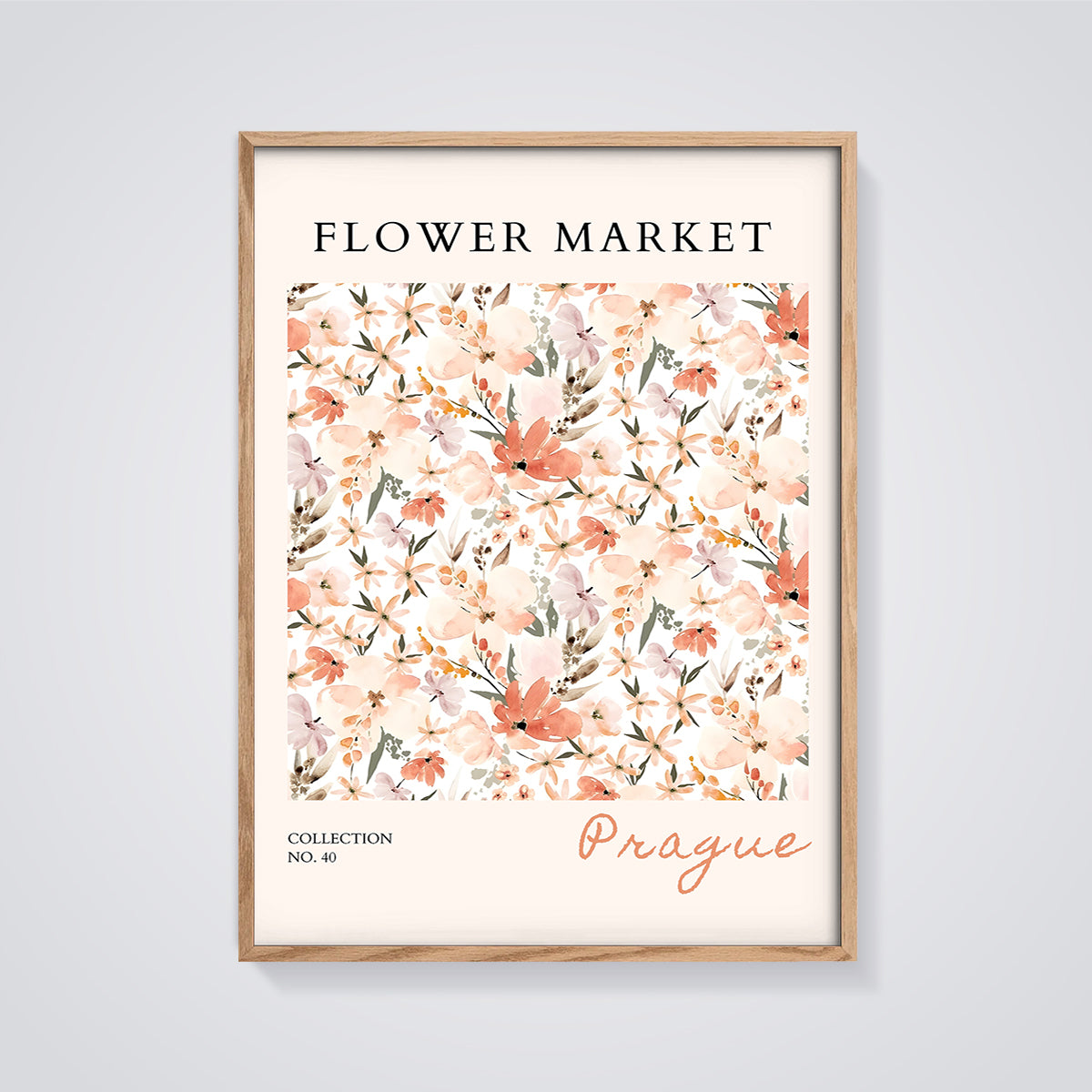 Prague Flower Market Watercolor Print framed in oak on a grey background