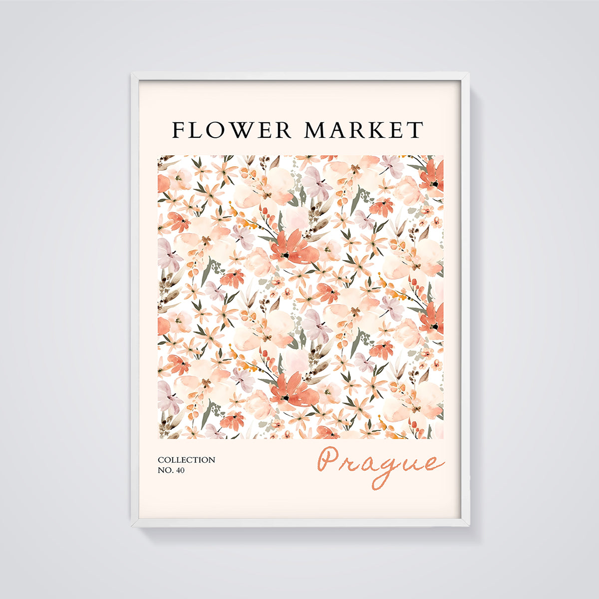 Prague Flower Market Watercolor Print framed in white on a grey background