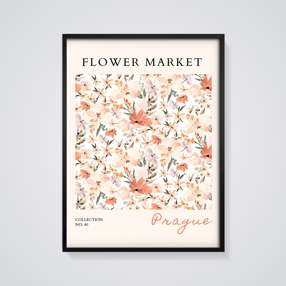 Prague Flower Market Watercolor Print framed in black on a grey background