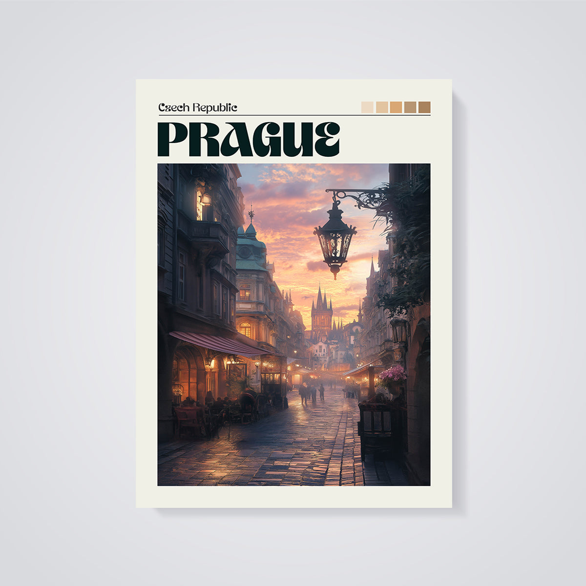 Prague Sunset Street Scene Print unframed on a grey background