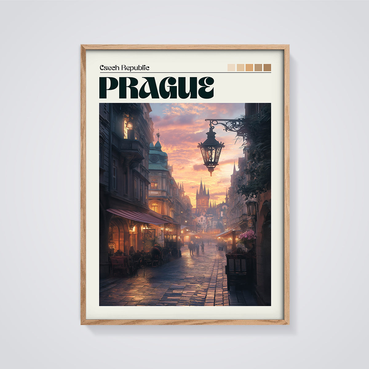 Prague Sunset Street Scene Print framed in oak on a grey background