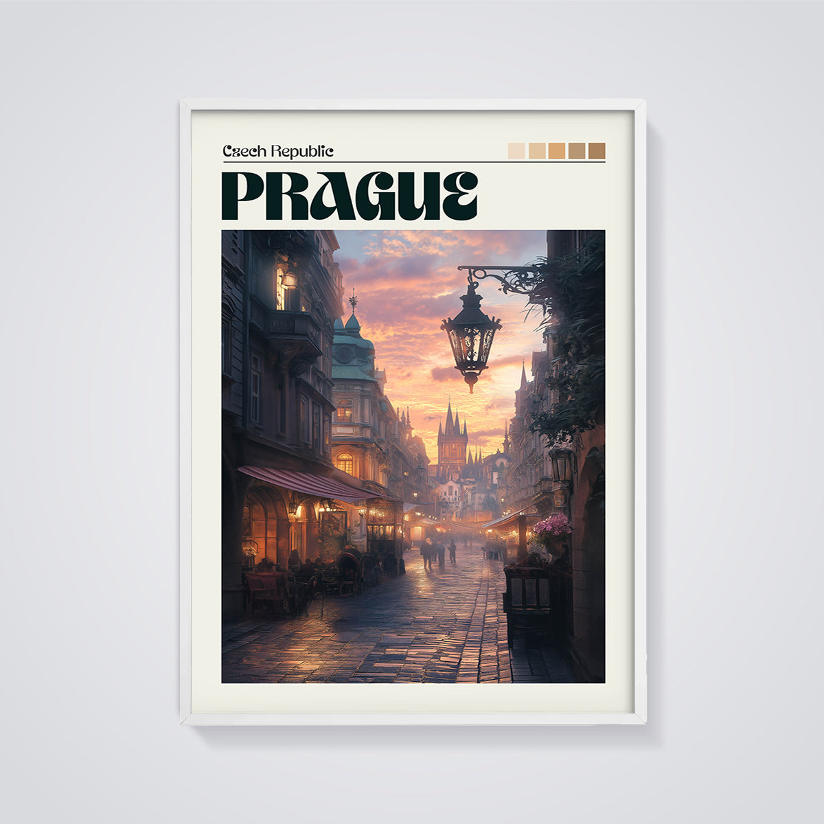 Prague Sunset Street Scene Print framed in white on a grey background