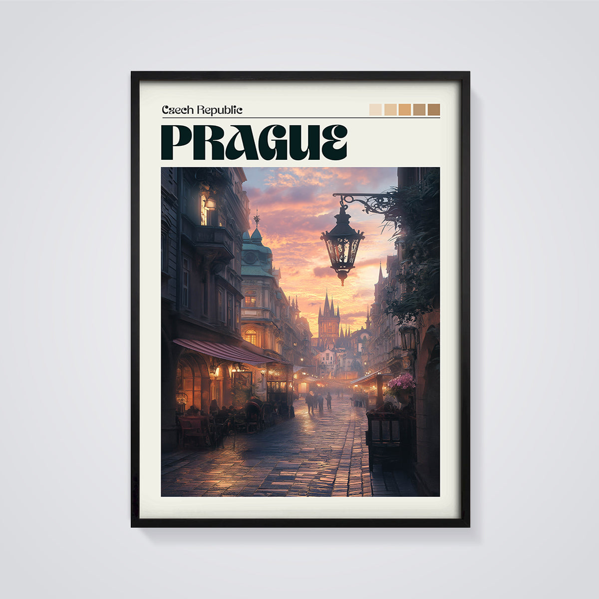 Prague Sunset Street Scene Print framed in black on a grey background