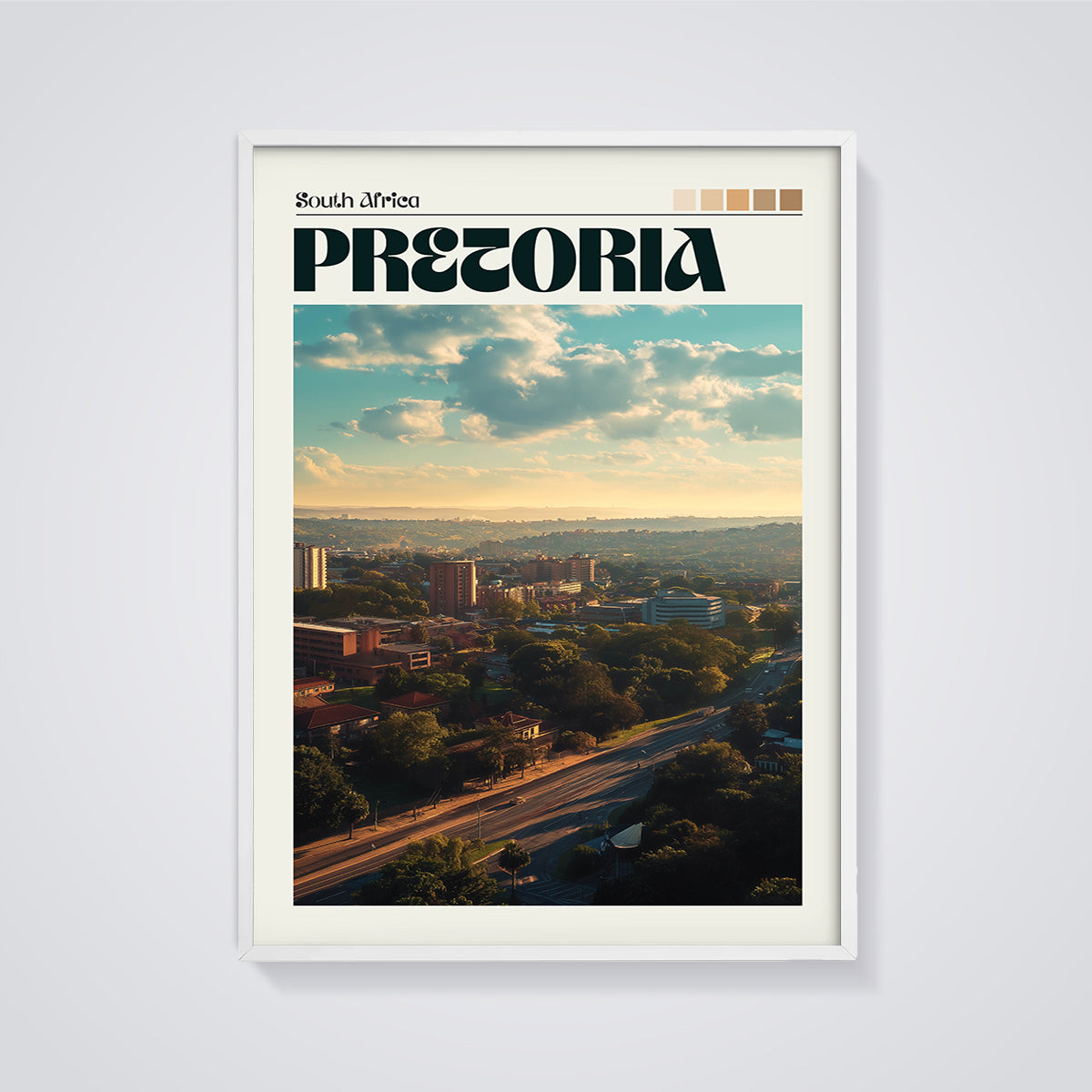Pretoria Skyline Sunset Print framed in white on a grey background
