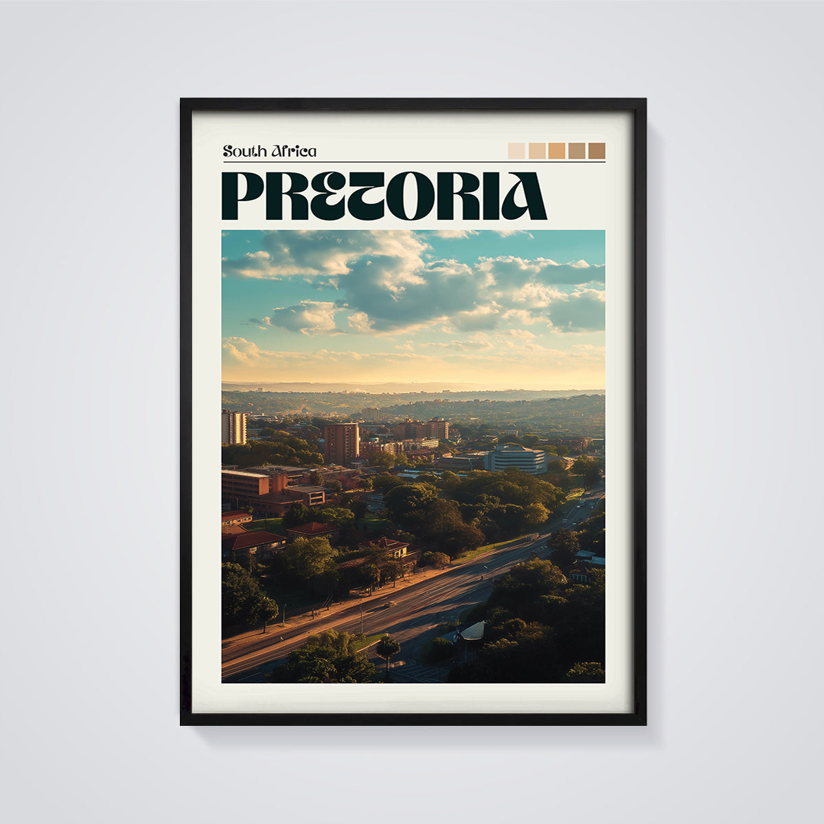 Pretoria Skyline Sunset Print framed in black on a grey background