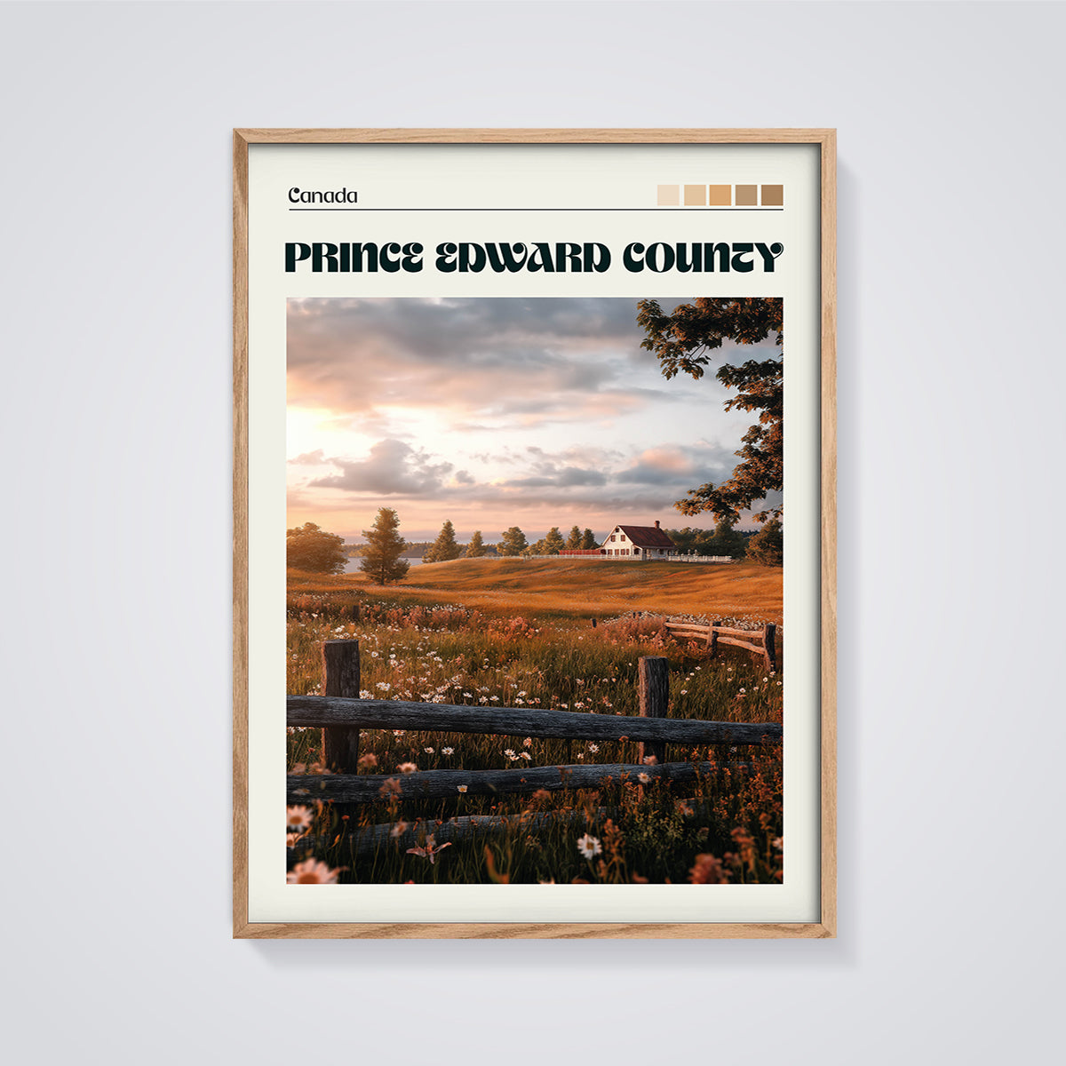 Prince Edward County Meadow Sunset Print framed in oak on a grey background