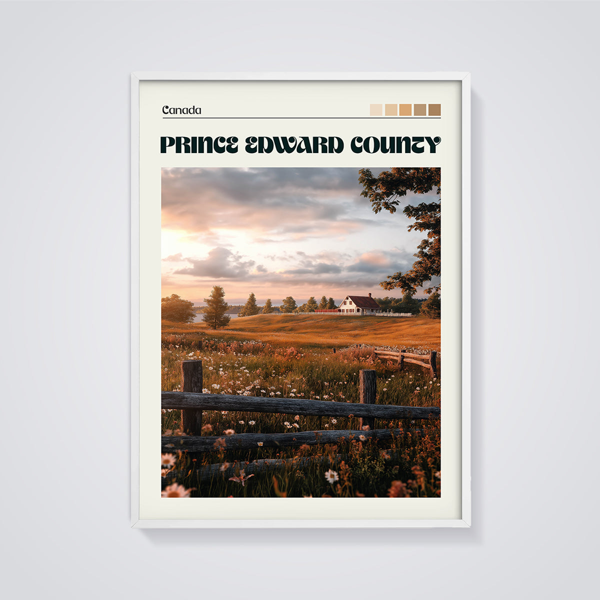 Prince Edward County Meadow Sunset Print framed in white on a grey background