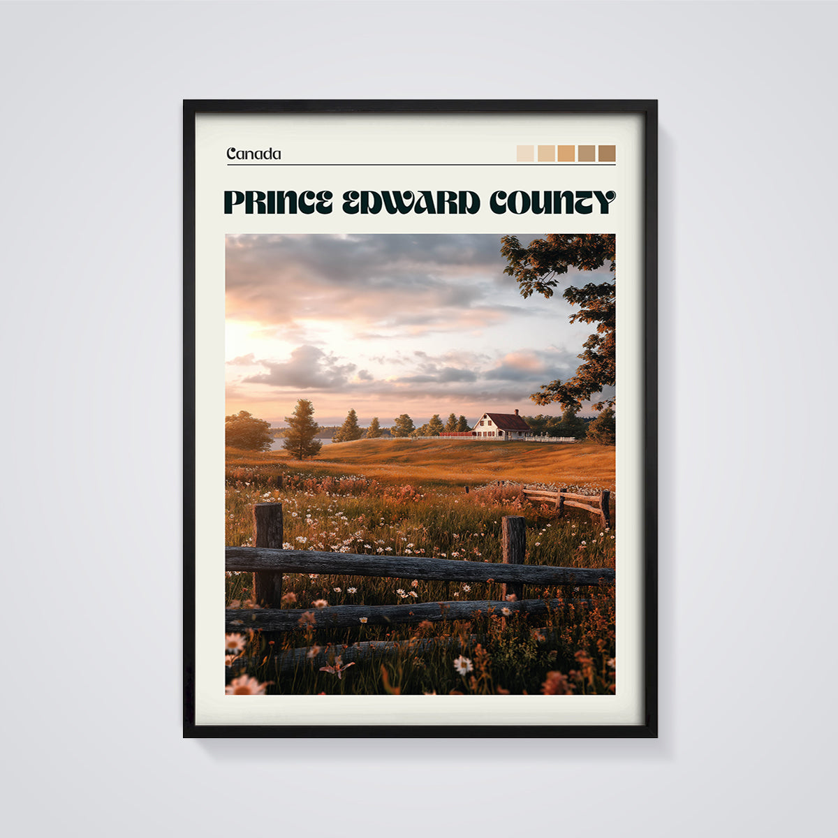 Prince Edward County Meadow Sunset Print framed in black on a grey background