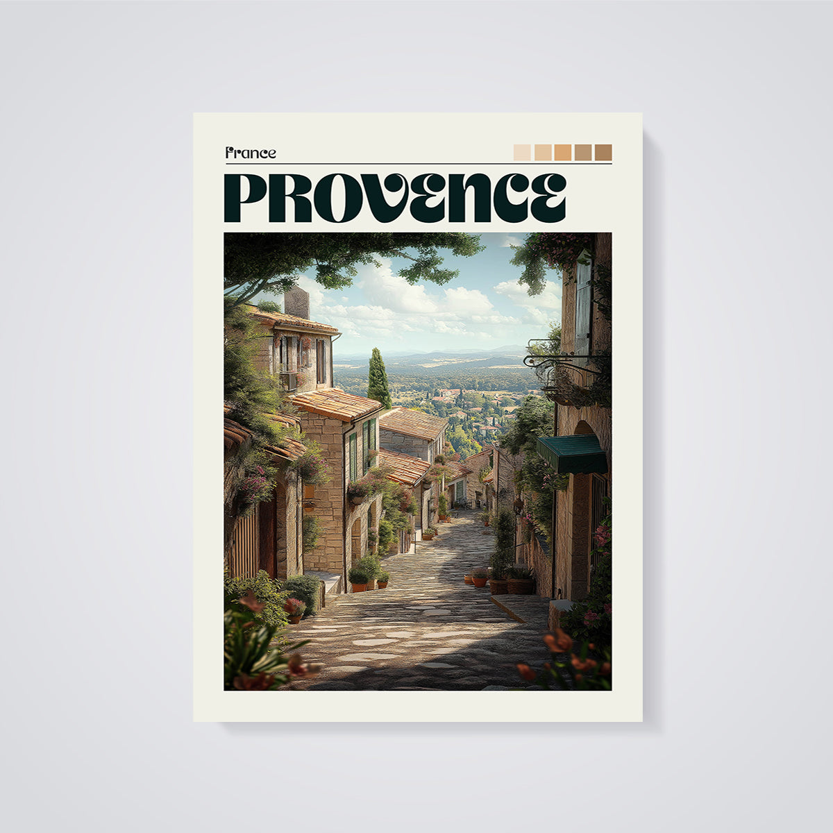 Provence Cobblestone Street Print unframed on a grey background