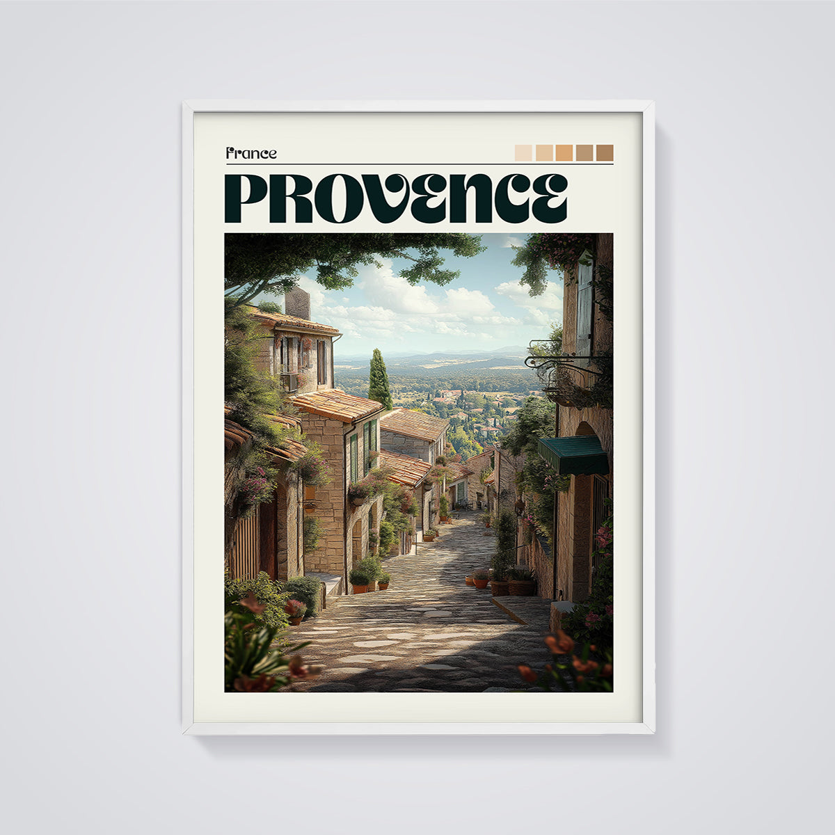 Provence Cobblestone Street Print framed in white on a grey background