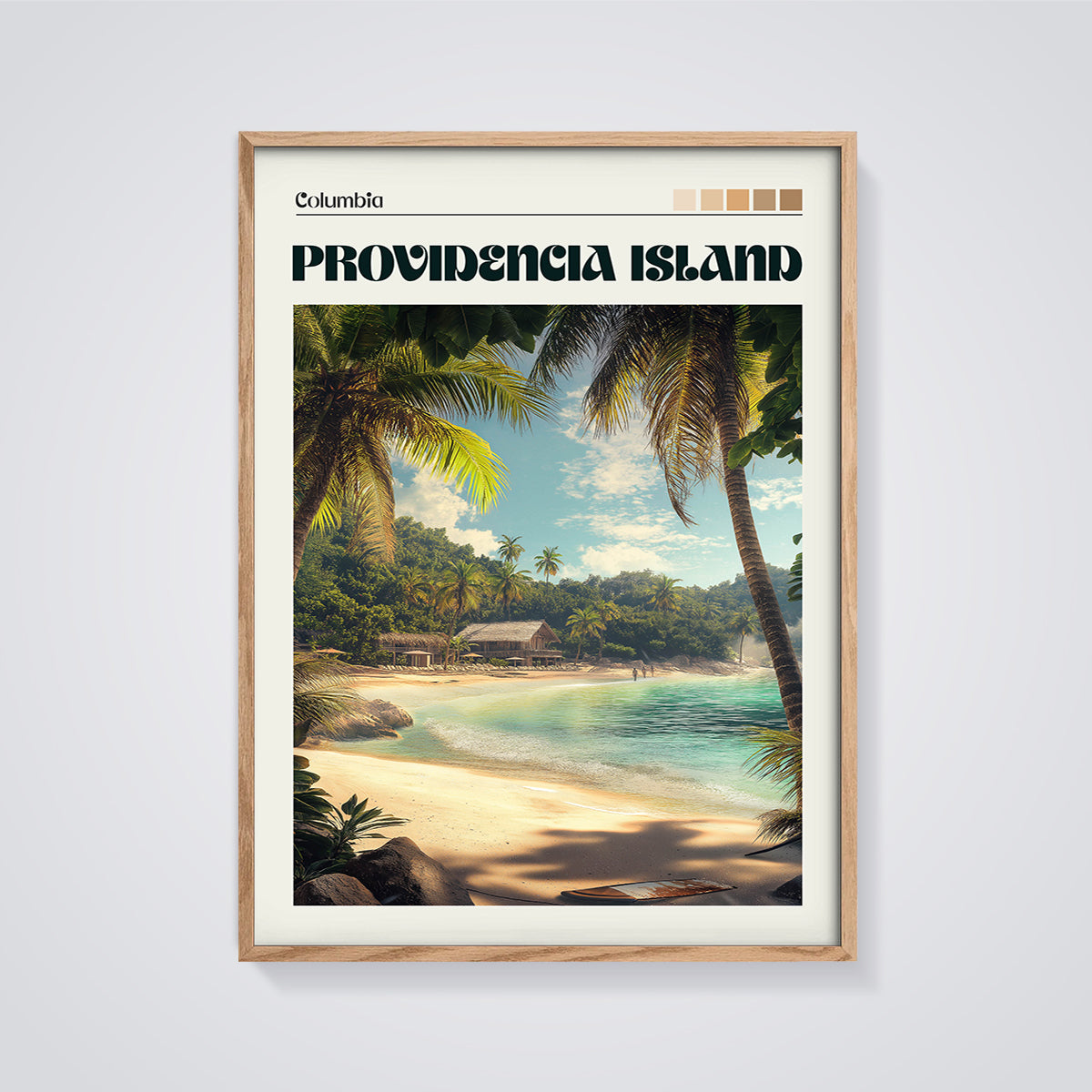 Providencia Island Beach Print framed in oak on a grey background