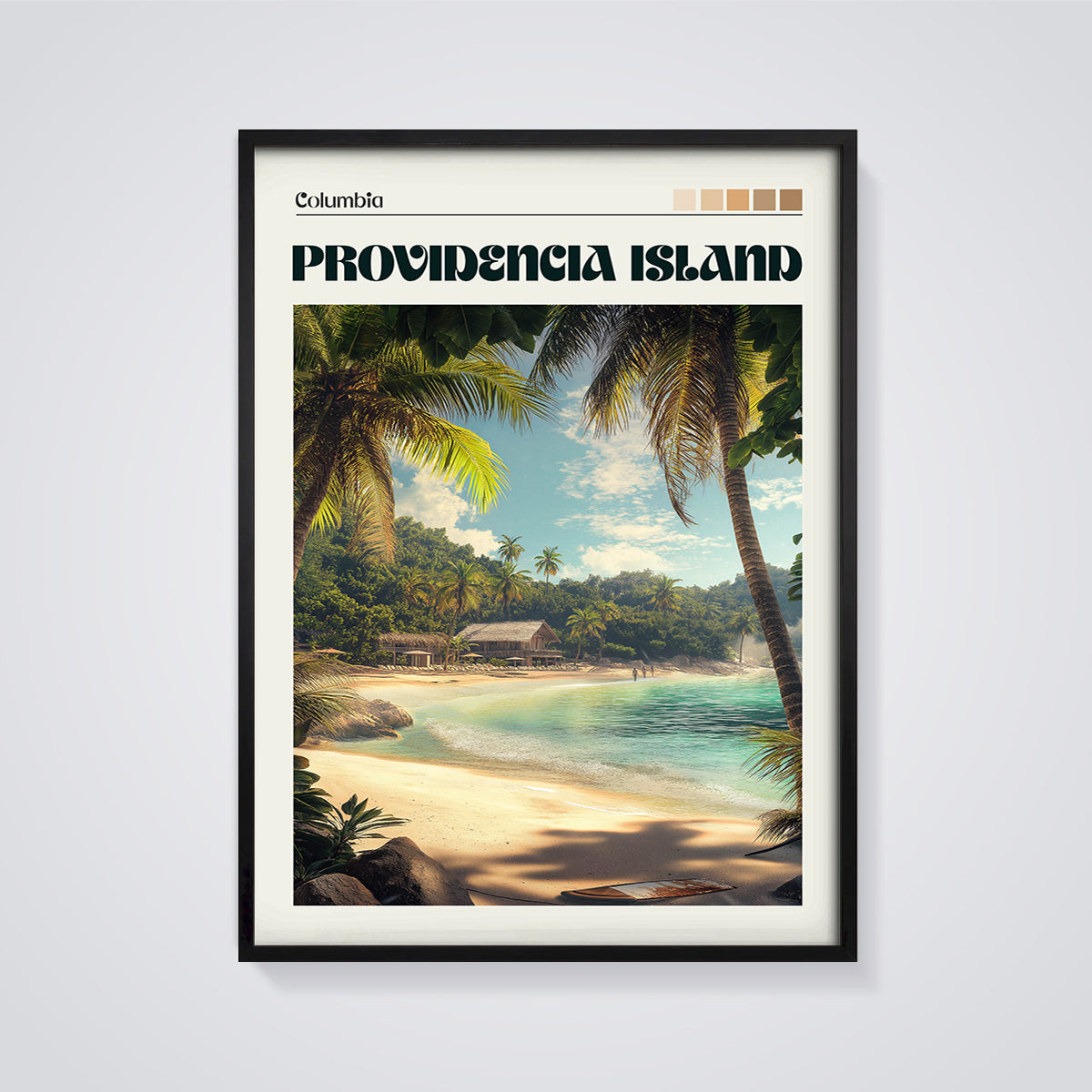 Providencia Island Beach Print framed in black on a grey background