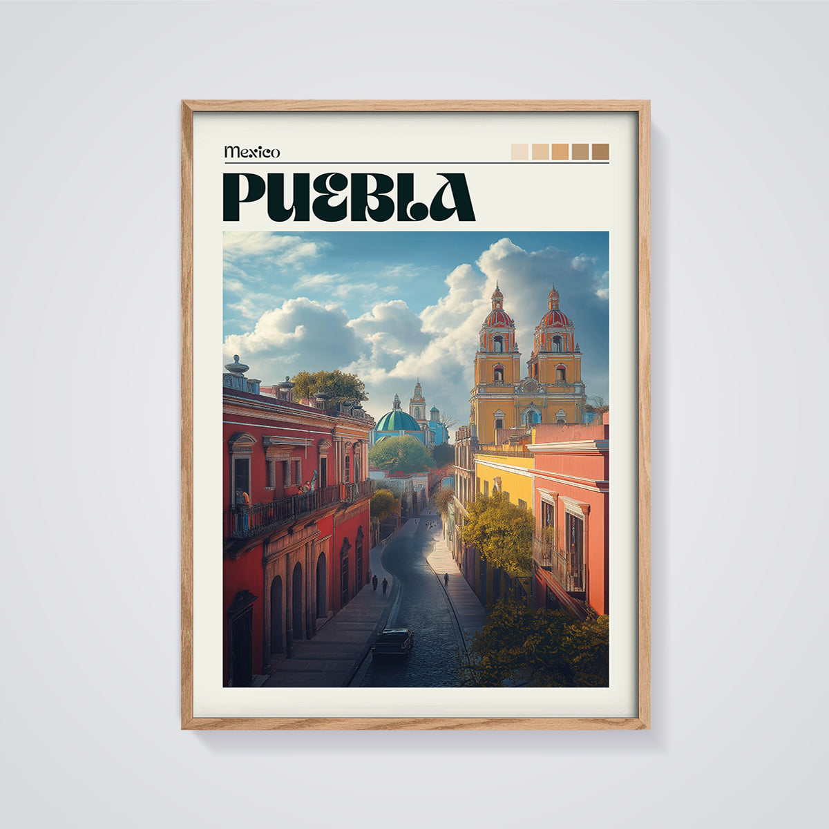 Puebla Mexico City Print framed in oak on a grey background