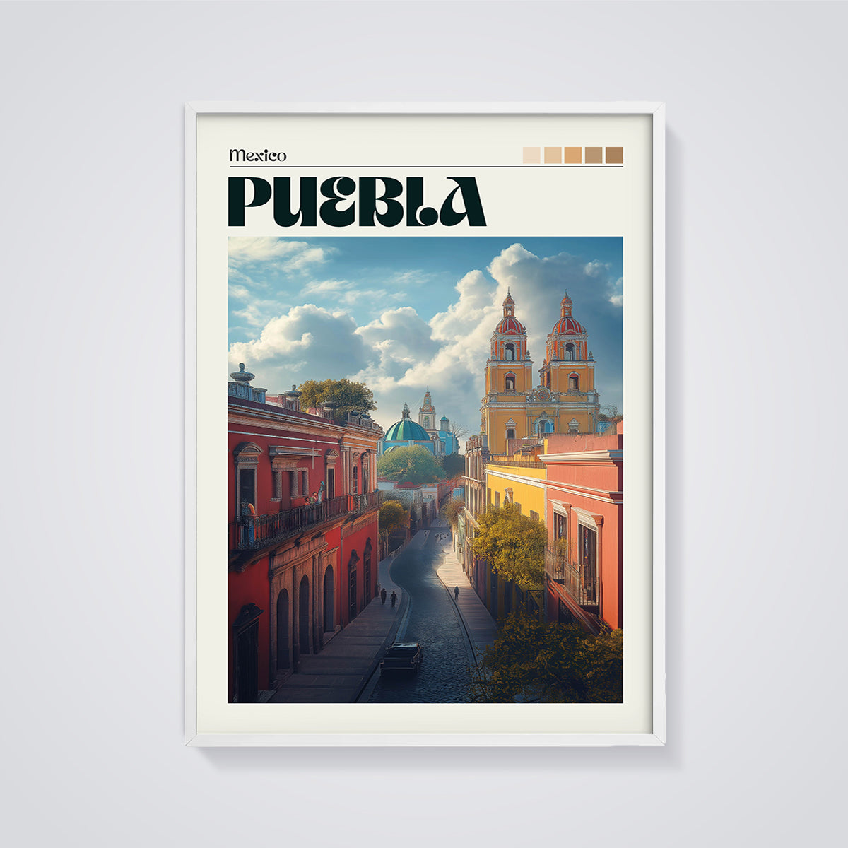 Puebla Mexico City Print framed in white on a grey background