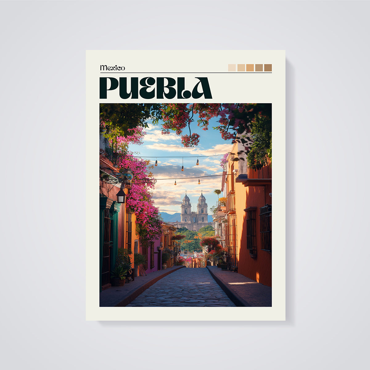 Puebla Mexico Travel Print unframed on a grey background